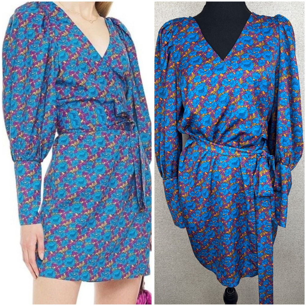 Rhode Wrap Mini Dress Womens M Blue Purple Floral Puff Sleeve Button Cuff Belted